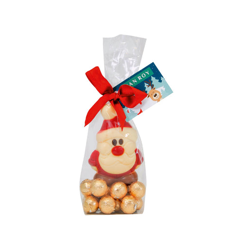 Six hollow Belgian milk and white chocolate Santa figurines on gold foiled chocolate balls in a gift bag, by Jag Couture London - New York