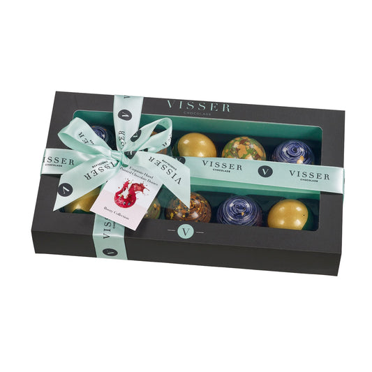 Deluxe gift box of 10 boozy Picasso chocolates with menu tag