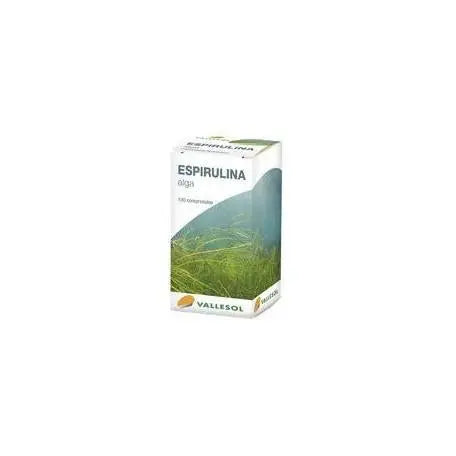 Vallesol Espirulina 100 tablets supplement bottle by Jag Couture London New York, showing the label and tablets inside.