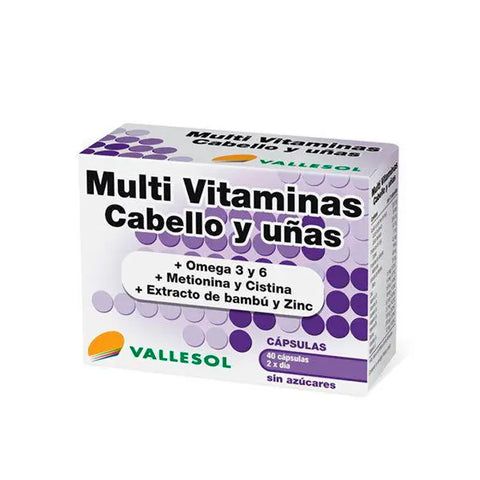 Vallesol Multi Vitamins for Hair and Nails by Jag Couture London, 40 capsules, showing the bottle with colorful capsules inside.