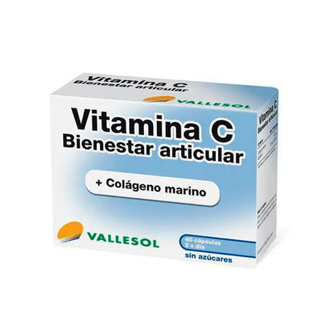 Vallesol Vitamin C Joint Wellness 40 tablets by Jag Couture London shows the supplement bottle with label and tablets inside.
