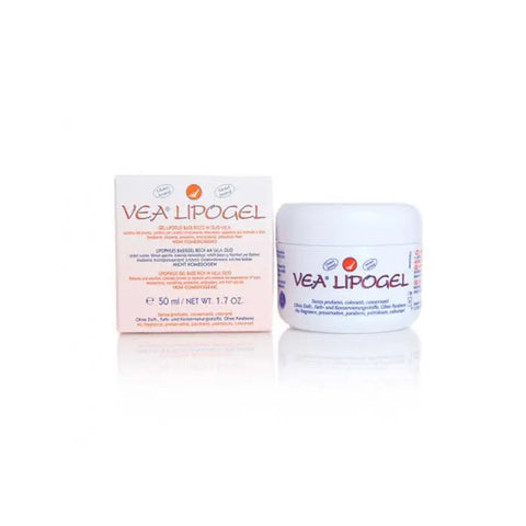 Vea Lipogel lipophilic gel base in a 50ml jar by Jag Couture London New York, with a smooth, clear gel texture visible.