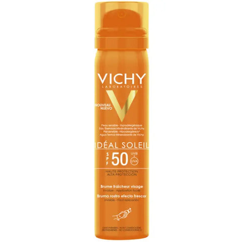 Vichy Idéal Soleil Freshness Face Mist SPF50 in 75ml, featuring transparent spray bottle with mist for sun protection