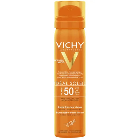 Vichy Idéal Soleil Freshness Face Mist SPF50 in 75ml bottle, with mist spray and sun protection label, on a neutral background.
