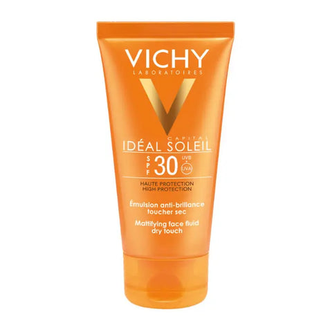 Vichy Ideal Soleil mattifying face fluid with SPF 30, dry touch, 50ml, for oily skin, displayed in a sleek pump bottle.