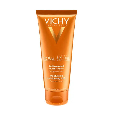 Vichy Idéal Soleil Self Tanning Milk 100ml bottle with a smooth, golden tan finish and clear labeling on a white background.