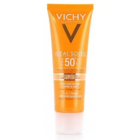 Vichy Ideal Soleil 3-in-1 stain protector SPF50 in 50ml bottle, with a sleek packaging design.