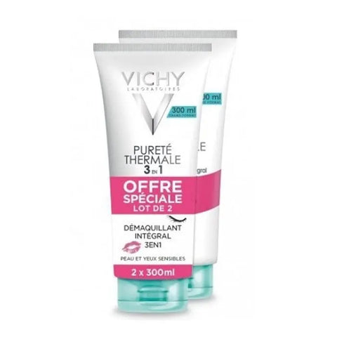 Vichy Pureté Thermale 3-in-1 calming makeup remover for sensitive skin in 2x300ml bottles, displayed with product label.