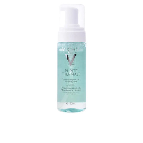 Vichy Purete Thermale Illuminating Foam 150ml, a gentle facial cleanser in a white pump bottle, displayed on a neutral background.