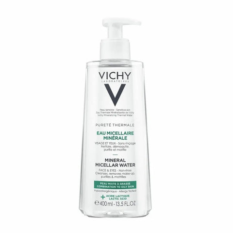 Vichy Purete Thermale Micellar Water for mixed oily skin in a 400ml bottle, shown with a clear label and cap.