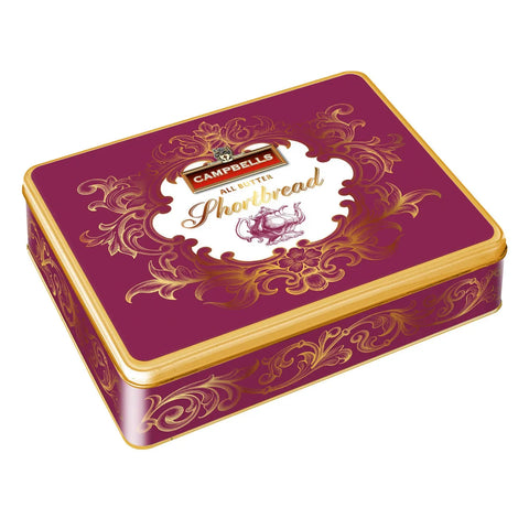 Victorian burgundy tin of assorted shortbread shapes from Jag Couture London New York, featuring decorative cookies inside.