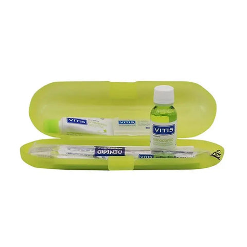 Vitis orthodontic oral care set with toothbrush, wax, 15ml toothpaste, and 30ml mouthwash from Jag Couture London New York