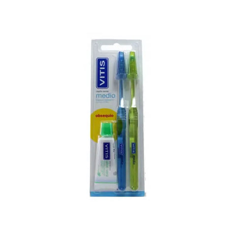 Medium Vitis toothbrush two-pack with 15ml Vitis toothpaste from Jag Couture London New York, shown with the toothbrushes and toothpaste tube.