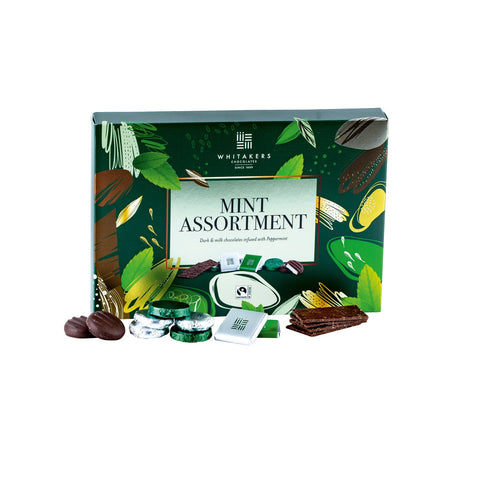 Assorted Whitakers dark and milk chocolate mint collection in a carton by Jag Couture London - New York, featuring chocolates with mint filling.