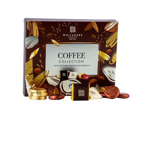 Assorted Whitakers dark and milk chocolate coffee flavors in a Jag Couture London - New York carton, displayed in a closed box.