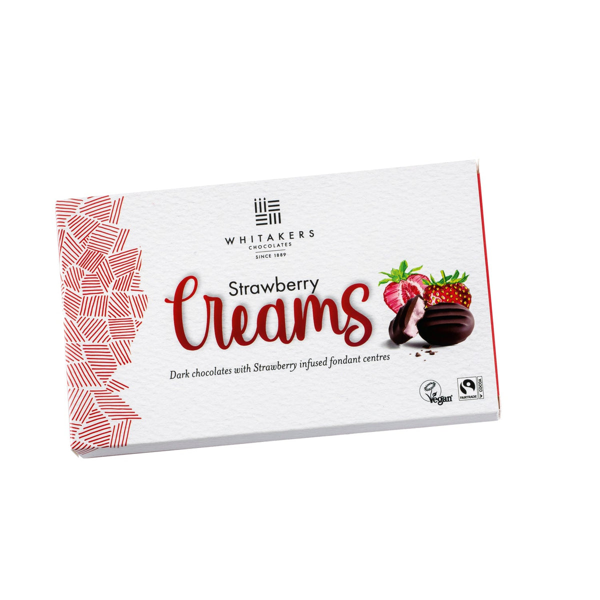 Whitakers dark chocolate covered strawberry fondant creams in carton