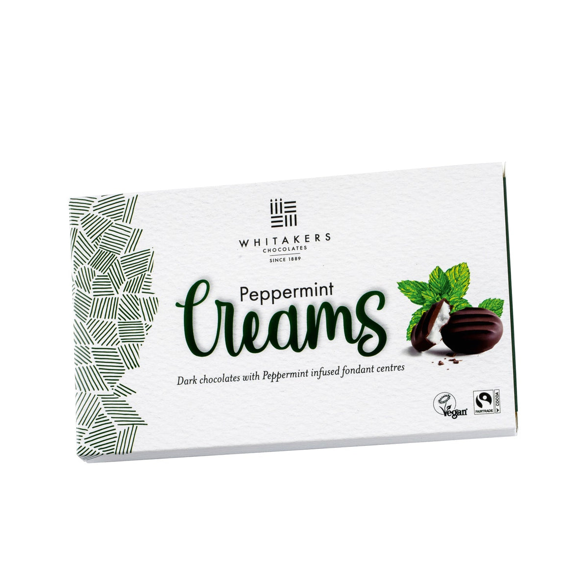 Whitakers dark chocolate covered peppermint fondant creams in carton