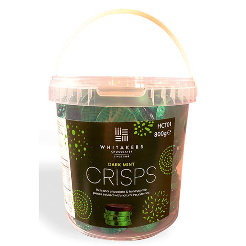 Dark mint crisp chocolates by Jag Couture London in green foil, featuring dark chocolate with honeycomb pieces, 128 pieces.