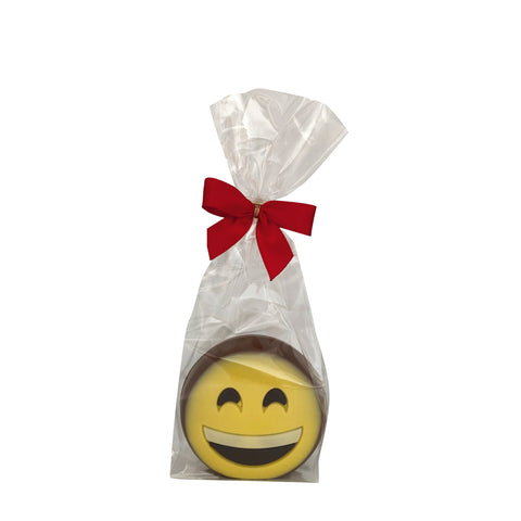 Hollow milk chocolate smile emoji decorated with colorful details in a cello bag, 73mm, by Jag Couture London New York.