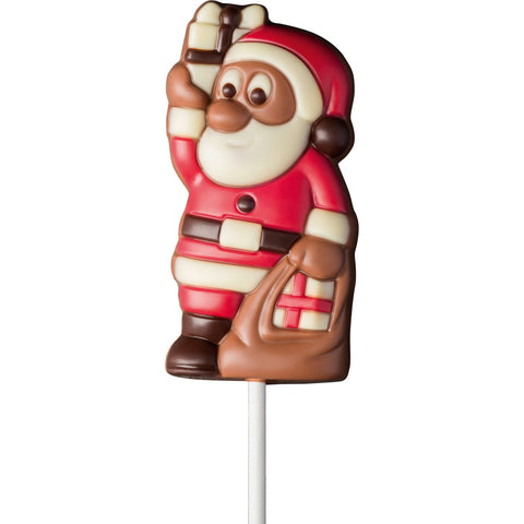 Decorated solid milk chocolate Santa holding present lolly, 165mm, by Jag Couture London New York, displayed on a surface.