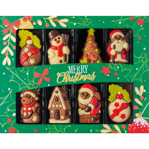 Decorated solid milk chocolate Christmas caraques in a gift box, 195mm, from Jag Couture London New York.