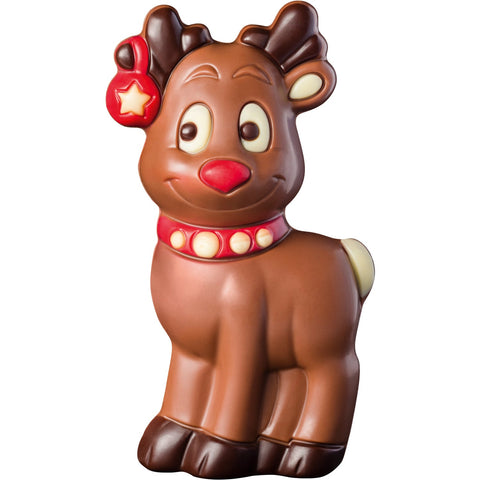 Decorated hollow milk chocolate reindeer in cello wrapping, 124mm, by Jag Couture London New York, showcasing festive holiday design.
