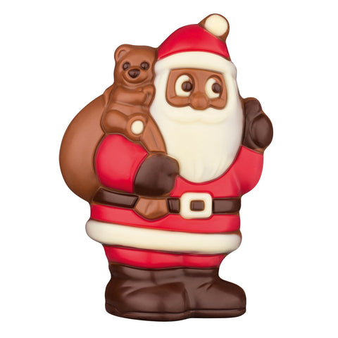 Decorated hollow milk chocolate Santa with teddy bear in cello wrapping, 125mm, by Jag Couture London New York.