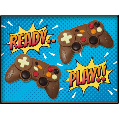 Decorated milk chocolate twin game controllers in a gift box, 195mm, by Jag Couture London New York.