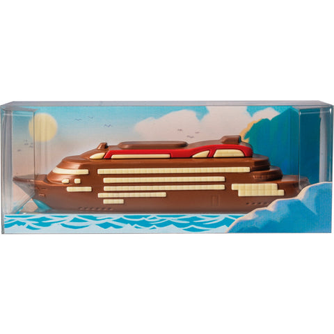 Decorated hollow milk chocolate cruise ship by Jag Couture London in acetate gift box, 250mm long, detailed nautical design.