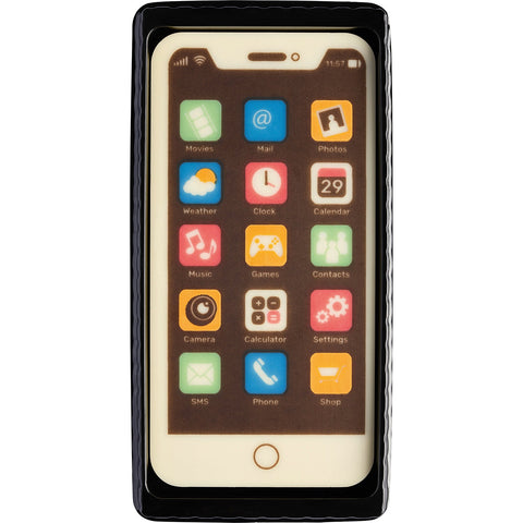 Decorated white chocolate smartphone in a gift box, 132mm, by Jag Couture London New York, shown in a close-up image.