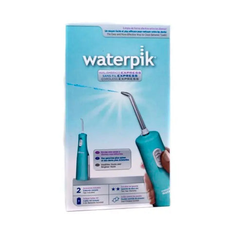 Blue Waterpick Express wireless oral irrigator WP 02 from Jag Couture London New York, showing the compact handheld device.