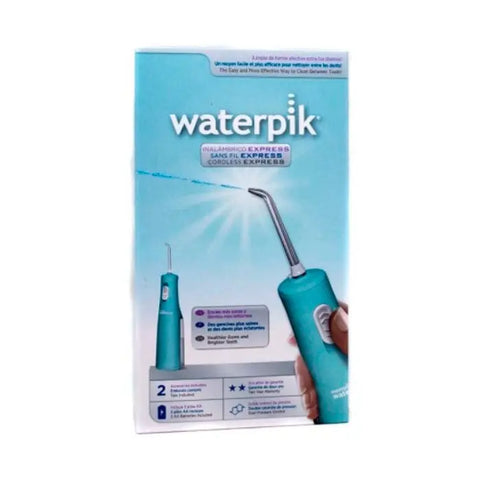Blue Waterpick Express Wireless Oral Irrigator WP 02 by Jag Couture London - New York, showing its compact design and nozzle.