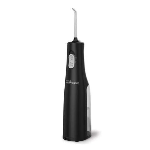 Waterpink Express cordless oral irrigator WF-02 in black by Jag Couture London New York, showing sleek design and nozzle attachments.