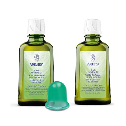 Set of three Weleda Birch Cellulite Oil 100ml bottles with natural plant-based ingredients, displayed with the bottles visible.