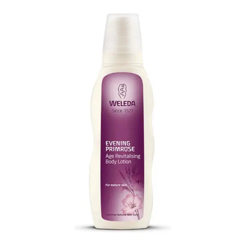 Weleda Evening Primrose Age Revitalising Body Lotion 200ml bottle with a sleek pump dispenser and floral design label.