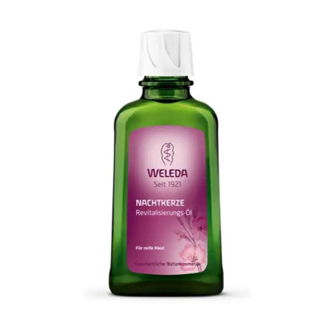 Weleda Evening Primrose Age Revitalising Body Oil bottle with pump dispenser, 100ml, on a neutral background.