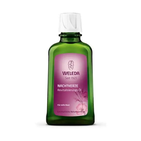 Weleda Evening Primrose Age Revitalising Body Oil in a 100ml bottle, featuring a clear glass container with pump dispenser.
