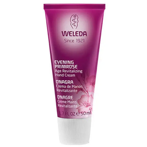Weleda Evening Primrose Age Revitalising Hand Cream in 50ml tube, featuring natural ingredients and soft, smooth hand texture.