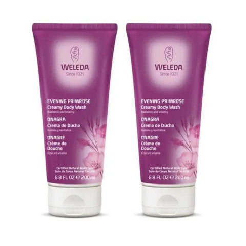 Weleda Evening Primrose creamy body wash in two 200ml bottles, gentle and nourishing for soft skin, branded by Jag Couture London New York.