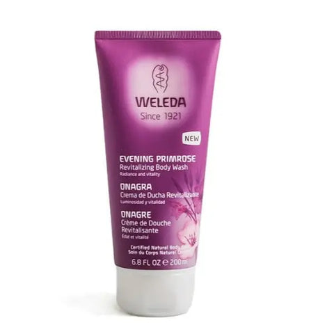 Weleda Evening Primrose Revitalising Body Wash in 200ml bottle, featuring botanical ingredients and a refreshing, natural look.