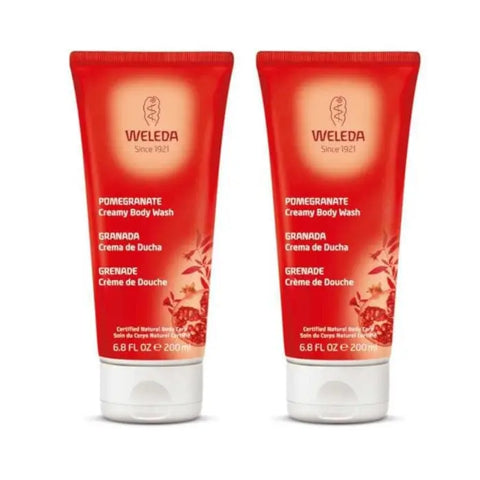 Weleda Pomegranate Creamy Body Wash in two 200ml bottles, featuring a smooth, pomegranate-scented formula for gentle cleansing.