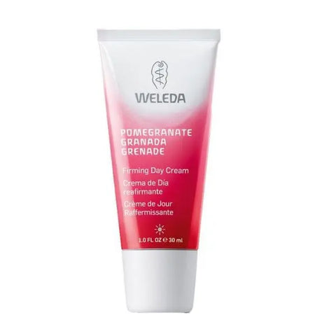 Weleda Pomegranate Firming Day Cream in 30ml jar, featuring a smooth cream texture and natural ingredients for skin firming.