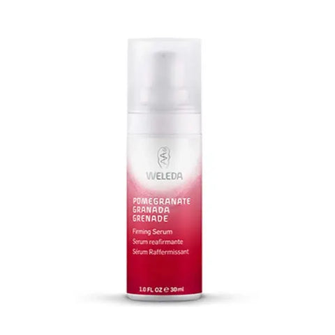 Weleda Pomegranate Firming Face Serum 30ml bottle with pump, showcasing the product for firm and rejuvenate skin.