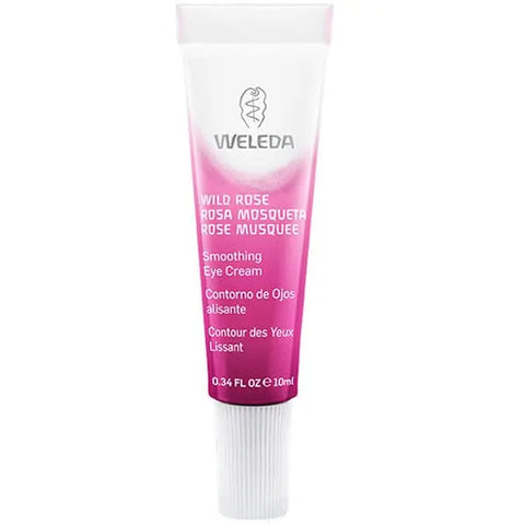 Weleda Wild Rose Smoothing Eye Cream 10ml jar with rose illustrations, showcasing the luxurious skincare product from Jag Couture London.