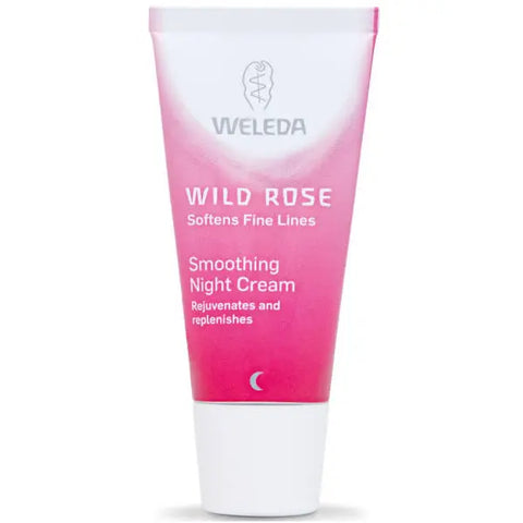 Weleda Wild Rose Smoothing Night Cream in 30ml jar, featuring a pink rose design, for nourishing and smoothing skin.