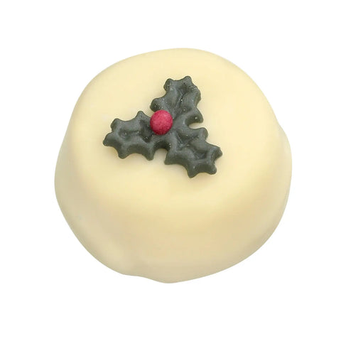 White Caramel chocolate with caramel filling, decorated with holly, by Jag Couture London New York.