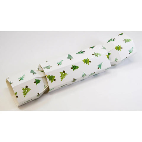 White cracker box with Christmas tree design, 10x4 cm barrel, by Jag Couture London New York, featuring festive holiday pattern.