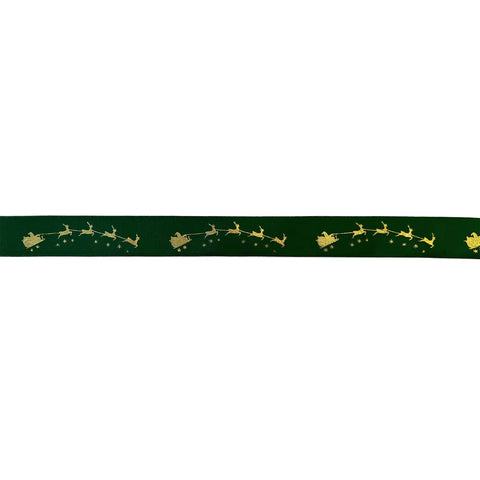Winter green single-faced satin ribbon featuring a gold Santa on sleigh, by Jag Couture London New York.