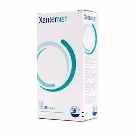 Xanternet ophthalmic gel in 20 single-dose vials of 0.4ml, shown in a clear medical container with branding details.