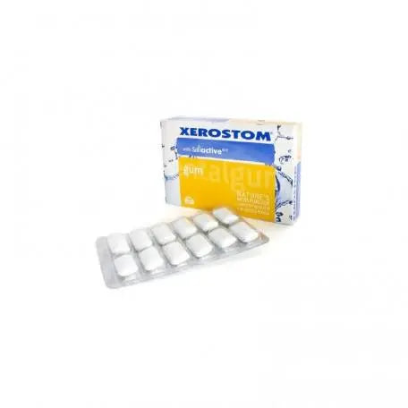 Xerostom dry mouth chewing gum by Jag Couture London New York, 10-piece pack, showing gum pieces in a box